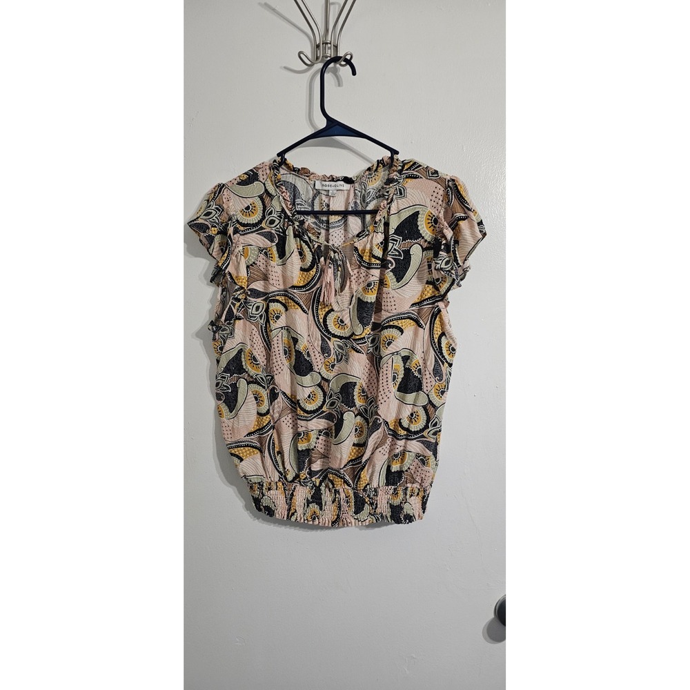 Rose + Olive Paisley Flutter Sleeve Blouse Top Sz L Pink Orange  Preppy Boho Tie